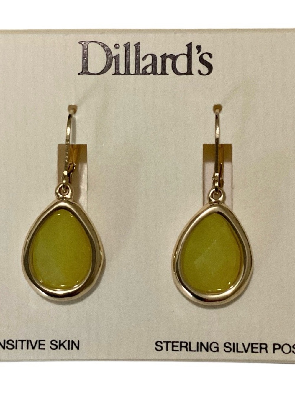 Dillard’s Gold Tone Chartreuse Faceted Faux Stone 925 Post Dangle Drop Earrings